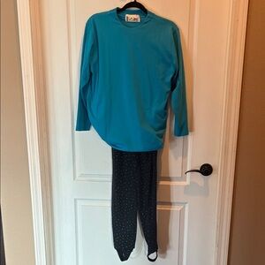 🌙 Vintage 2-Piece Lounge Set  – Teal Top + Moon Star Stirrup Leggings – 80s 90s